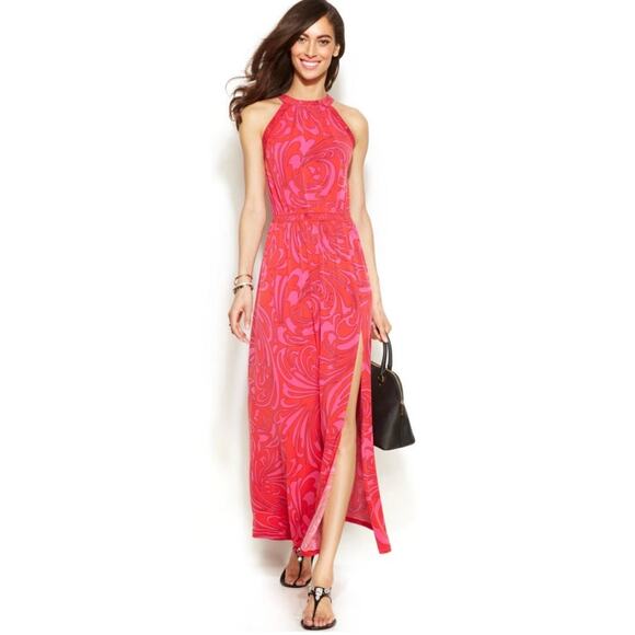 MICHAEL KORS Cynthia Paisley Halter Maxi Dress Radiant Pink Size 1X - Picture 1 of 8